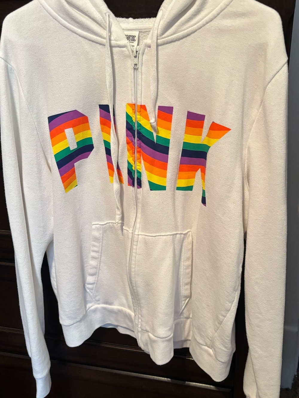 PINK Victoria's Secret White Zip Hoodie with Rainbow Striped Logo | XL